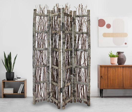 Earthy Birch And Twig Four Panel Room Divider Screen By Homeroots | Room Dividers | Modishstore