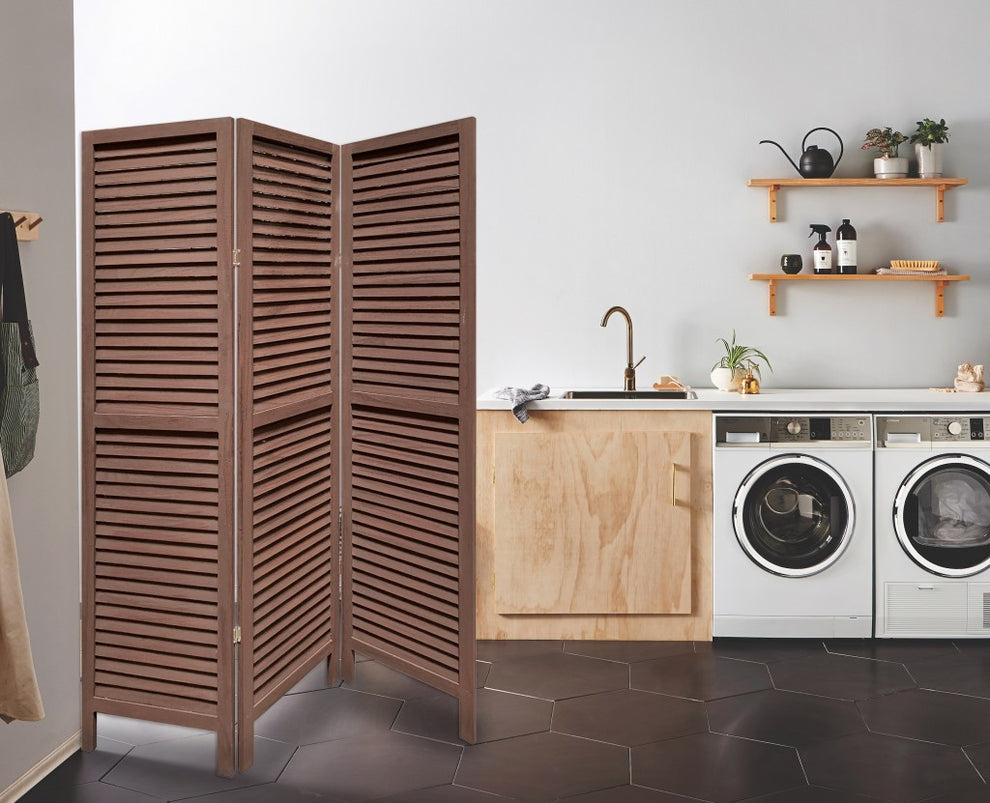Stylish Three Panel Washed Brown Shutter Divider Screen By Homeroots | Room Dividers | Modishstore - 3