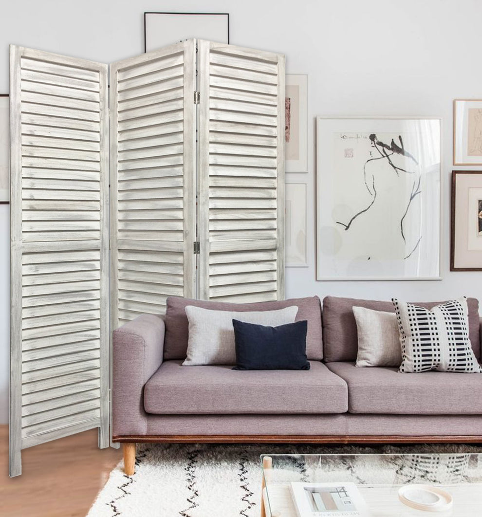 Stylish Three Panel Washed White Shutter Divider Screen By Homeroots | Room Dividers | Modishstore - 3
