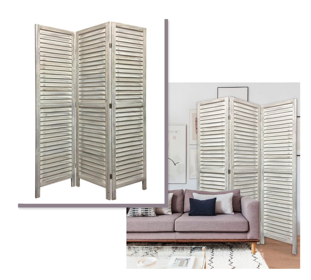Stylish Three Panel Washed White Shutter Divider Screen By Homeroots | Room Dividers | Modishstore - 4