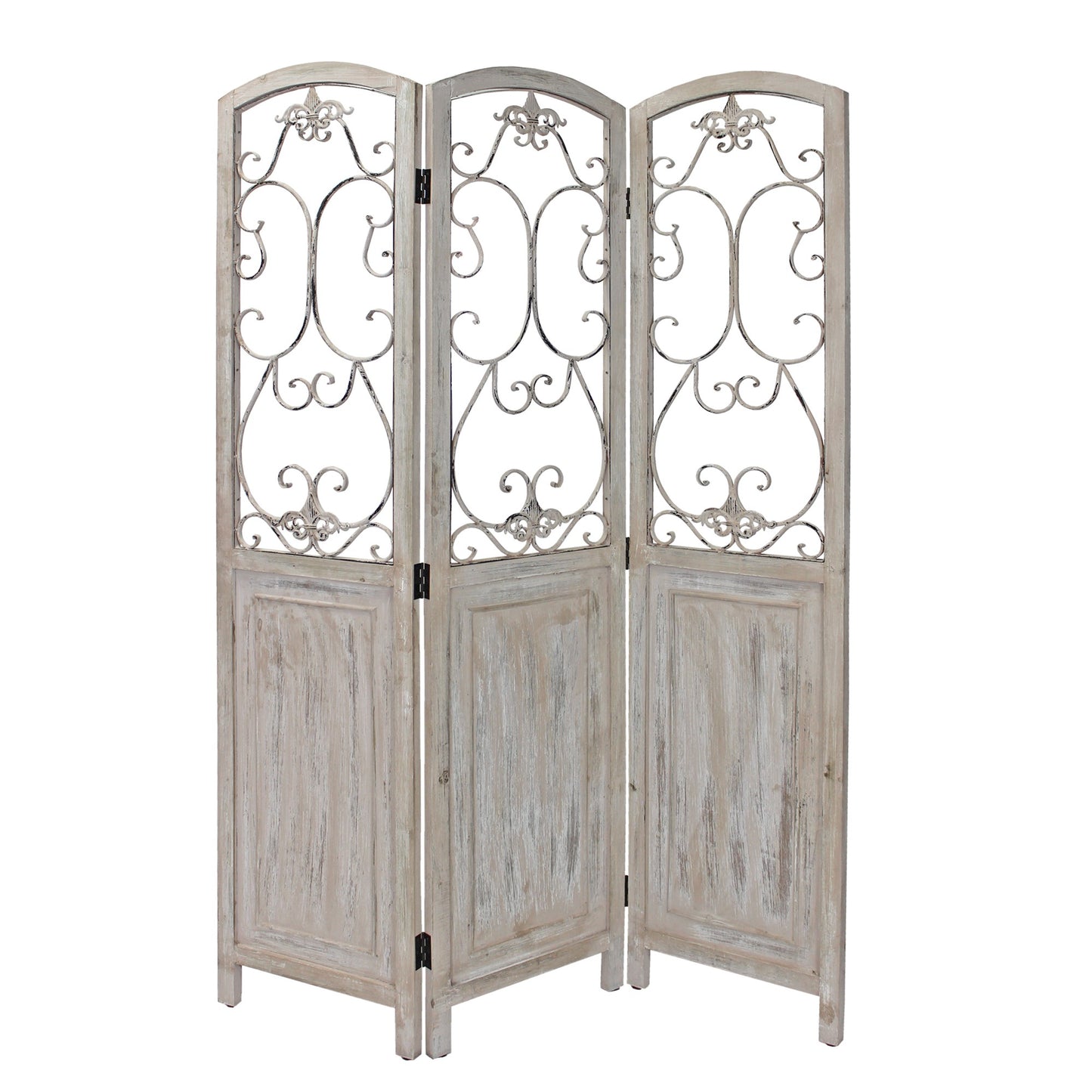 Romantic Whitewashed Scroll Three Panel Room Divider Screen By Homeroots | Room Dividers | Modishstore