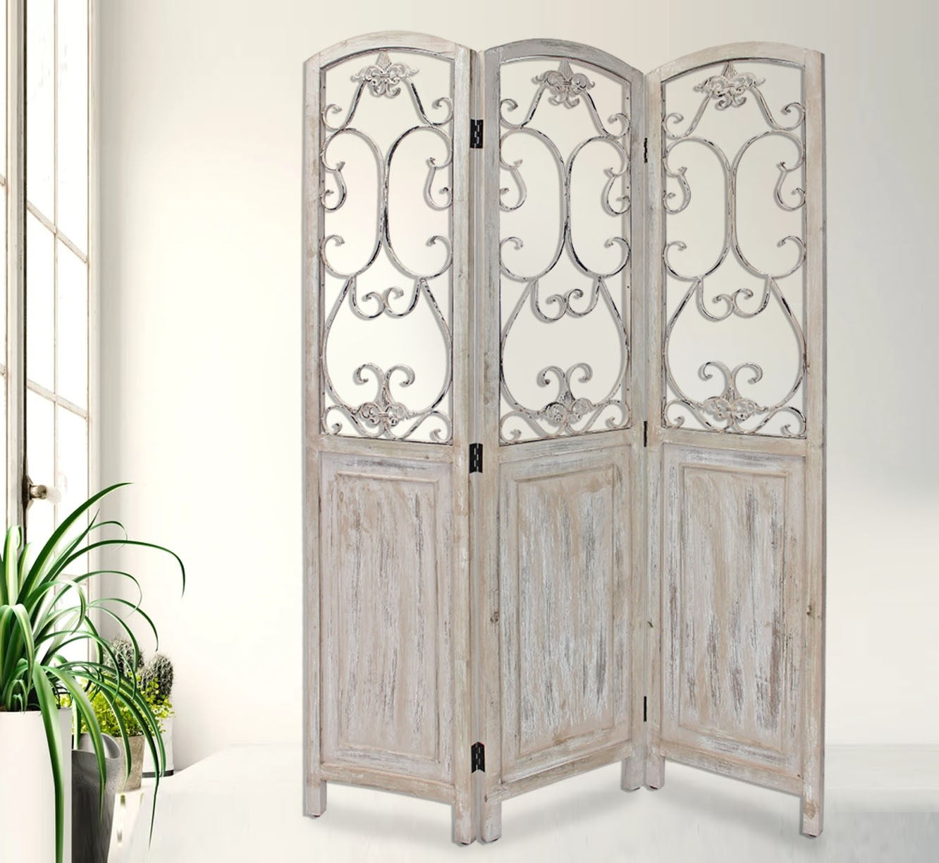 Romantic Whitewashed Scroll Three Panel Room Divider Screen By Homeroots | Room Dividers | Modishstore - 2