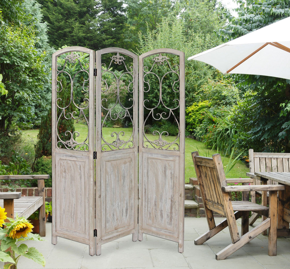 Romantic Whitewashed Scroll Three Panel Room Divider Screen By Homeroots | Room Dividers | Modishstore - 3