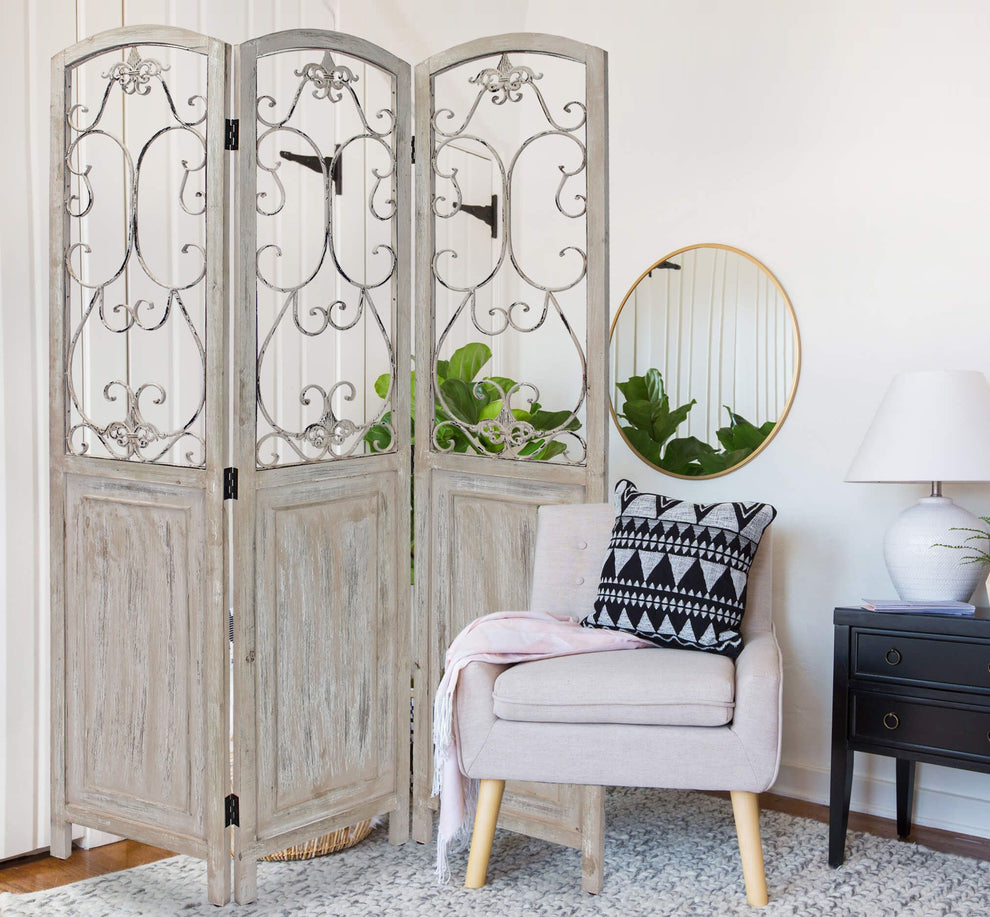 Romantic Whitewashed Scroll Three Panel Room Divider Screen By Homeroots | Room Dividers | Modishstore - 4