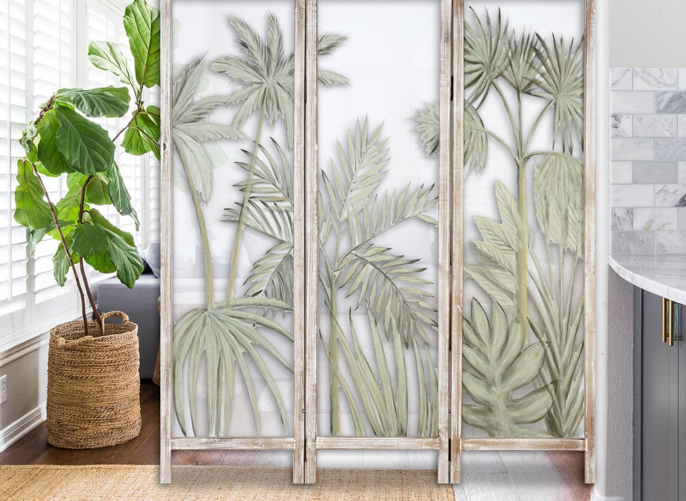 Earthy Opaque Palms Three Panel Room Divider Screen By Homeroots | Room Dividers | Modishstore - 3