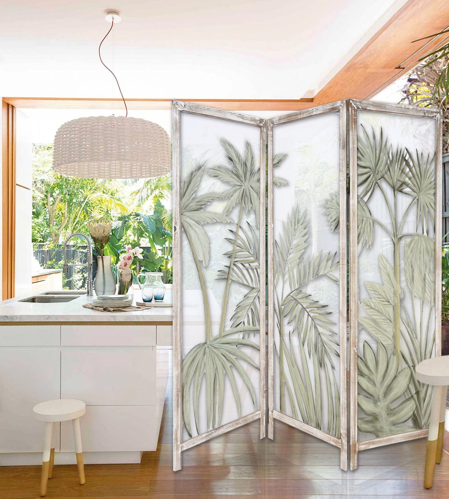 Earthy Opaque Palms Three Panel Room Divider Screen By Homeroots | Room Dividers | Modishstore - 4
