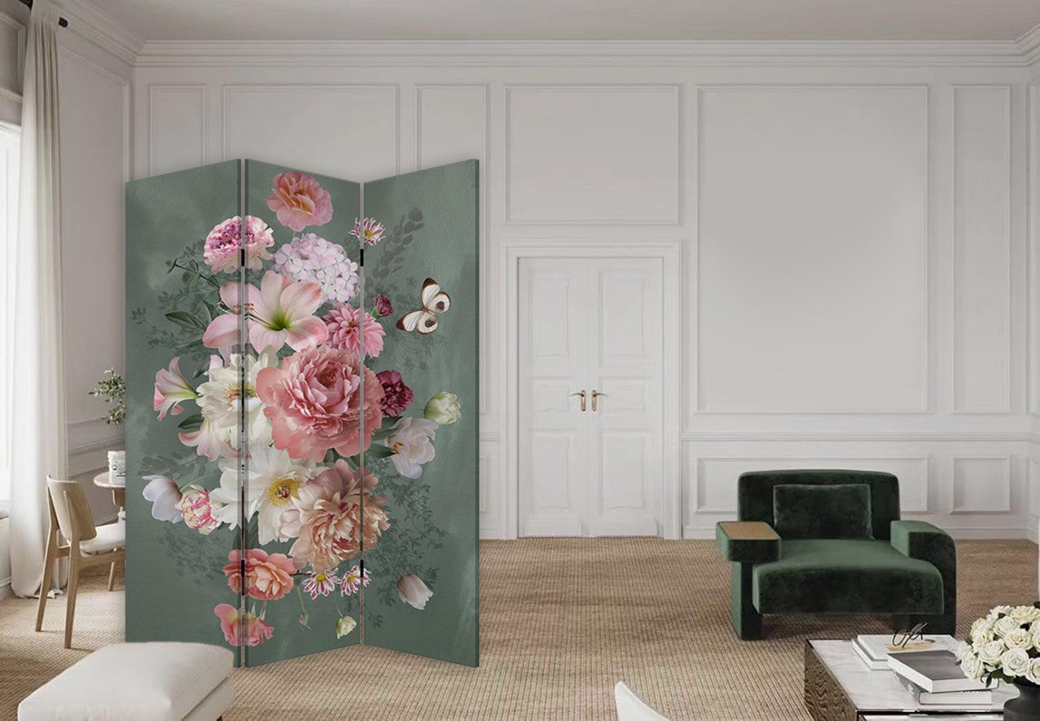 Romantic Floral Three Panel Room Divider Screen By Homeroots | Room Dividers | Modishstore - 5