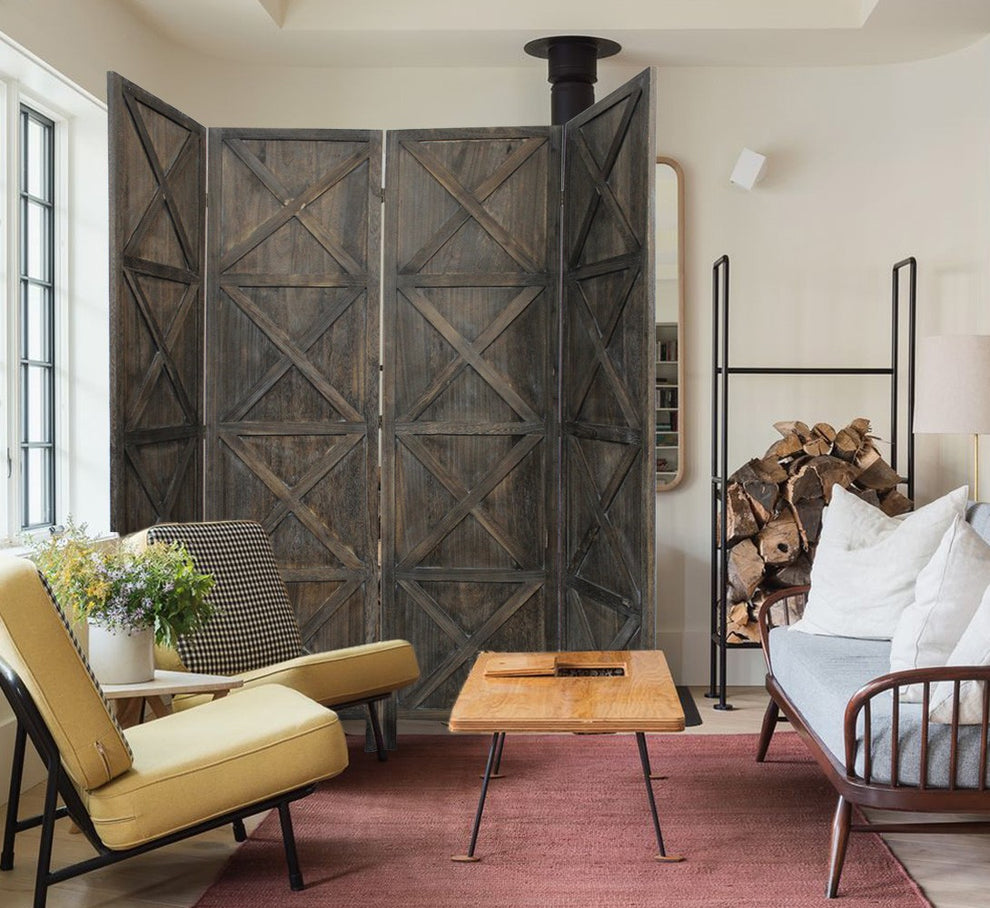Modern Farmhouse Rustic Four Panel Room Divider Screen By Homeroots | Room Dividers | Modishstore - 5