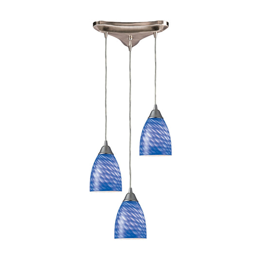 Arco Baleno 3-Light Triangular Pendant Fixture in Satin Nickel with Sapphire Glass ELK Lighting | Pendant Lamps | Modishstore