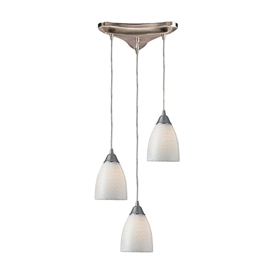 Arco Baleno 3-Light Triangular Pendant Fixture in Satin Nickel with White Swirl Glass ELK Lighting | Pendant Lamps | Modishstore