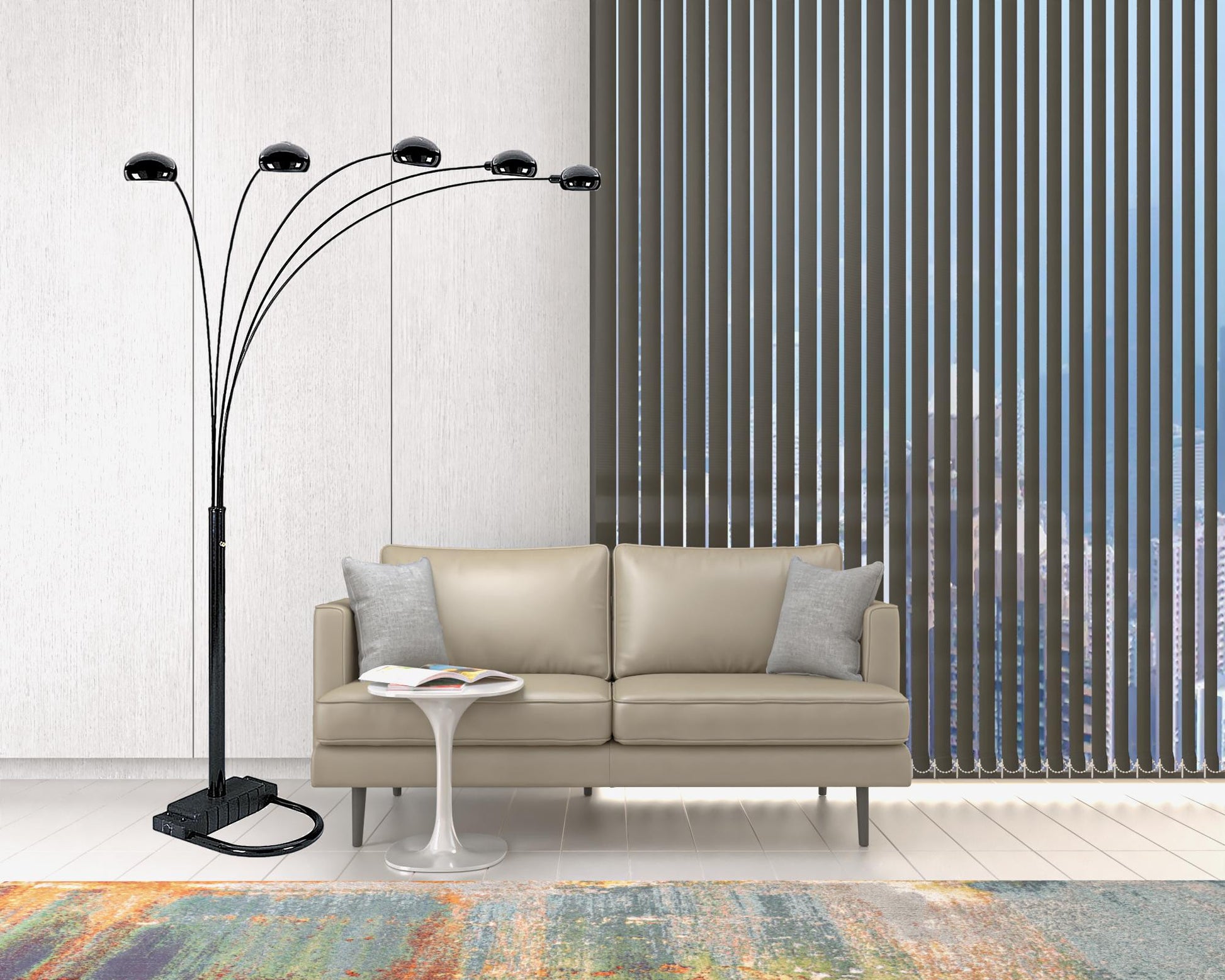 84" Black Five Light Arc Floor Lamp With Black Dome Shade By Homeroots | Floor Lamps | Modishstore - 6