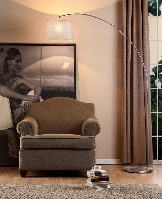 Silver Metal Arch Floor Lamp with Beige Fabric Shade By Homeroots | Floor Lamps | Modishstore