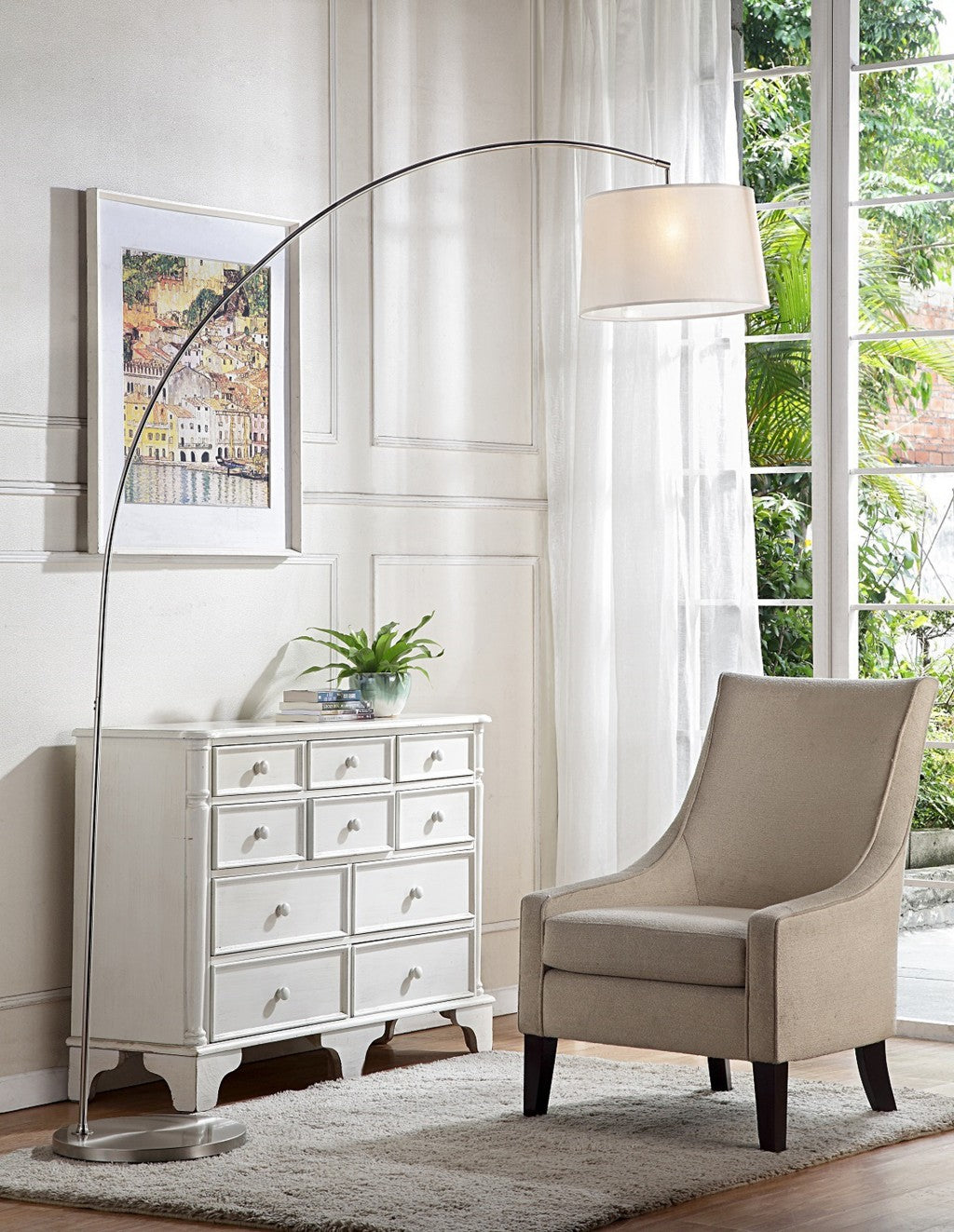 Silver Metal Arch Floor Lamp with White Fabric Shade By Homeroots | Floor Lamps | Modishstore