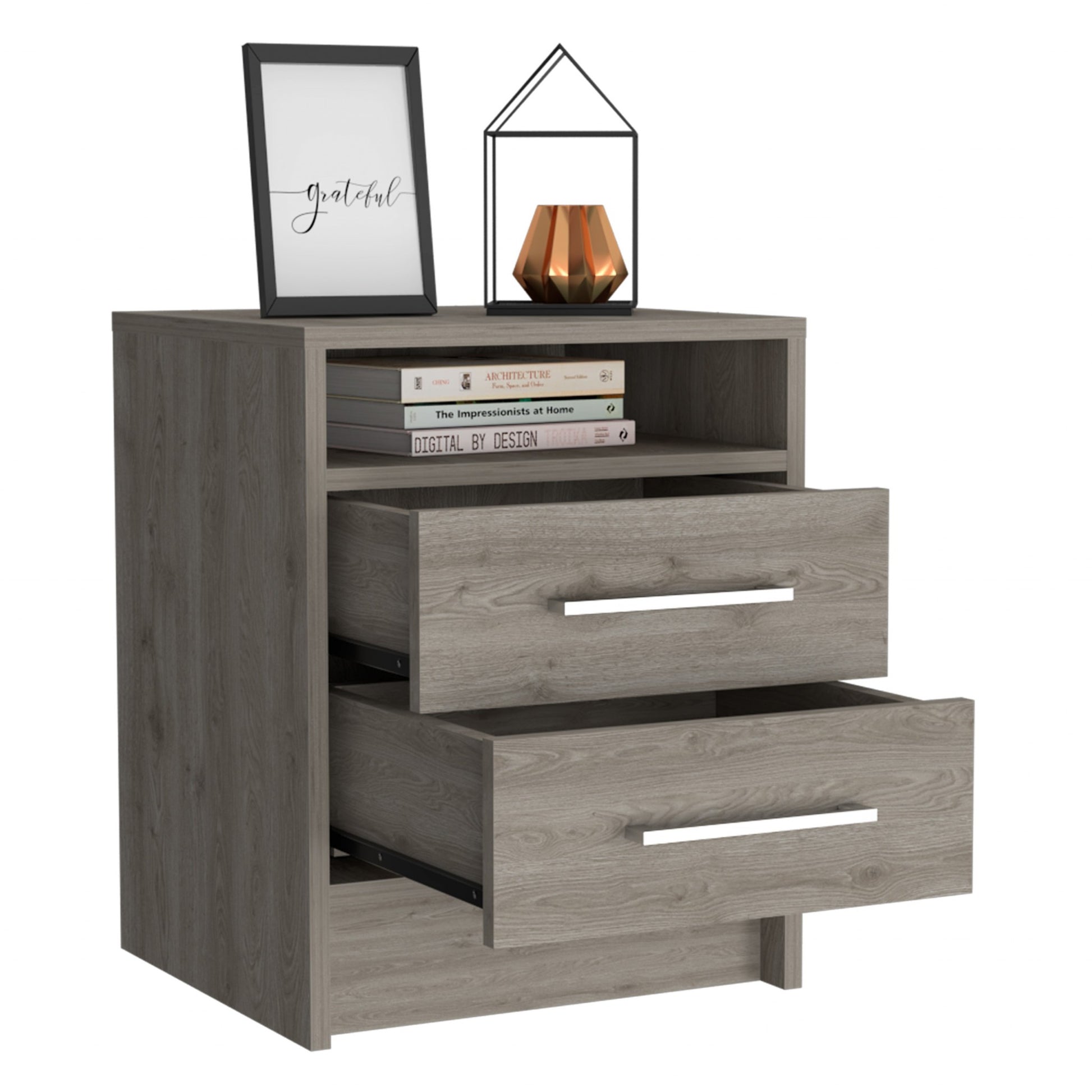 Light Grey Open Compartment Two Drawer Nightstand By Homeroots | Nightstands | Modishstore - 3