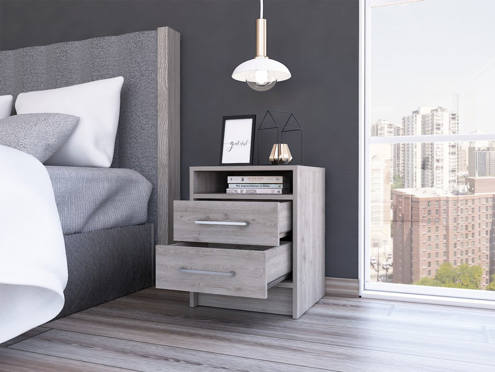 Light Grey Open Compartment Two Drawer Nightstand By Homeroots | Nightstands | Modishstore
