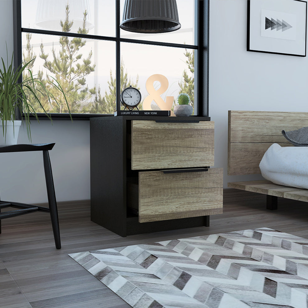 Black Open Compartment Two Drawer Nightstand By Homeroots | Nightstands | Modishstore - 3