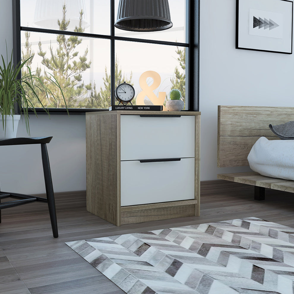 Mod Light Oak And White Two Drawer Nightstand By Homeroots | Nightstands | Modishstore - 3