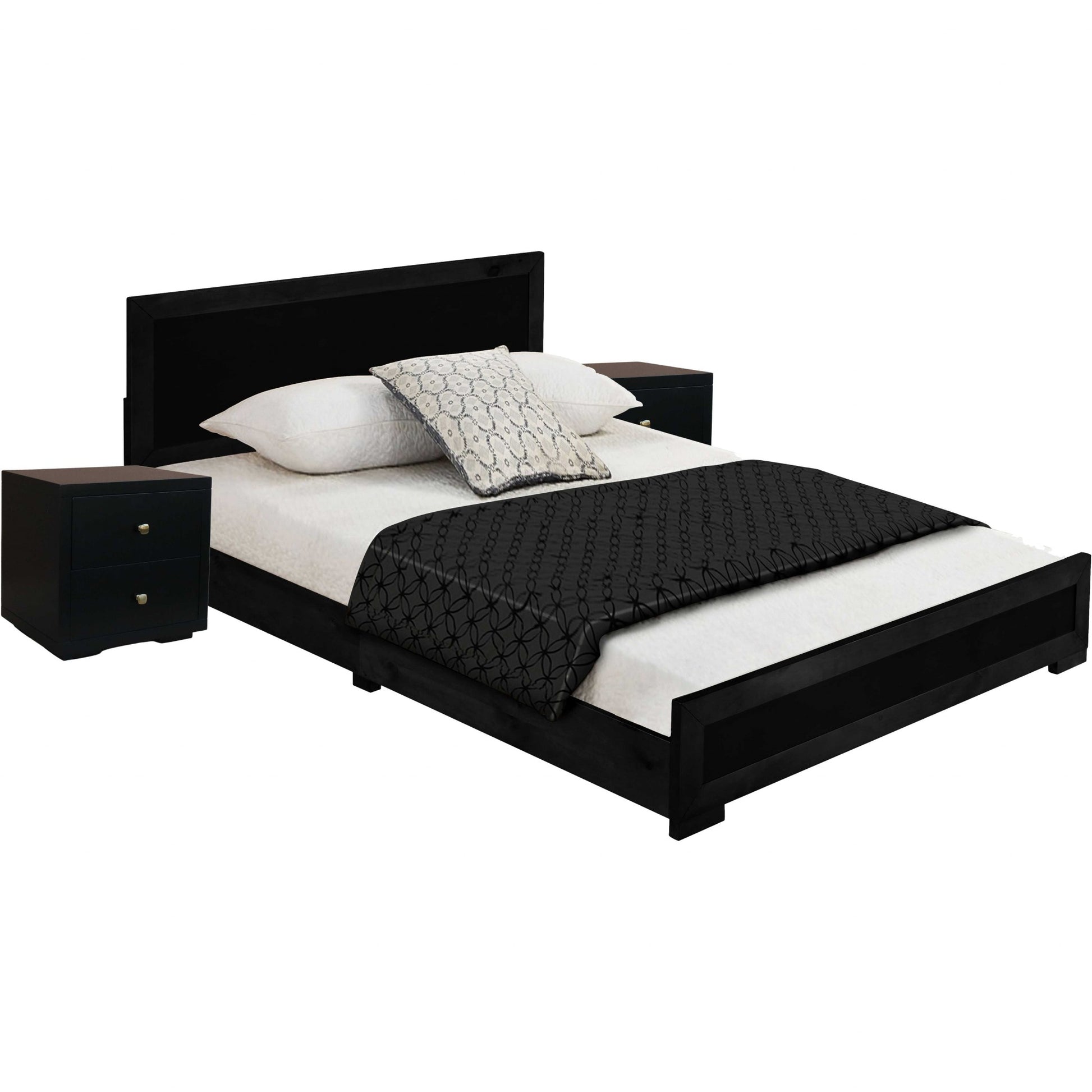 Moma Black Wood Platform Queen Bed With Two Nightstands By Homeroots | Beds | Modishstore - 2