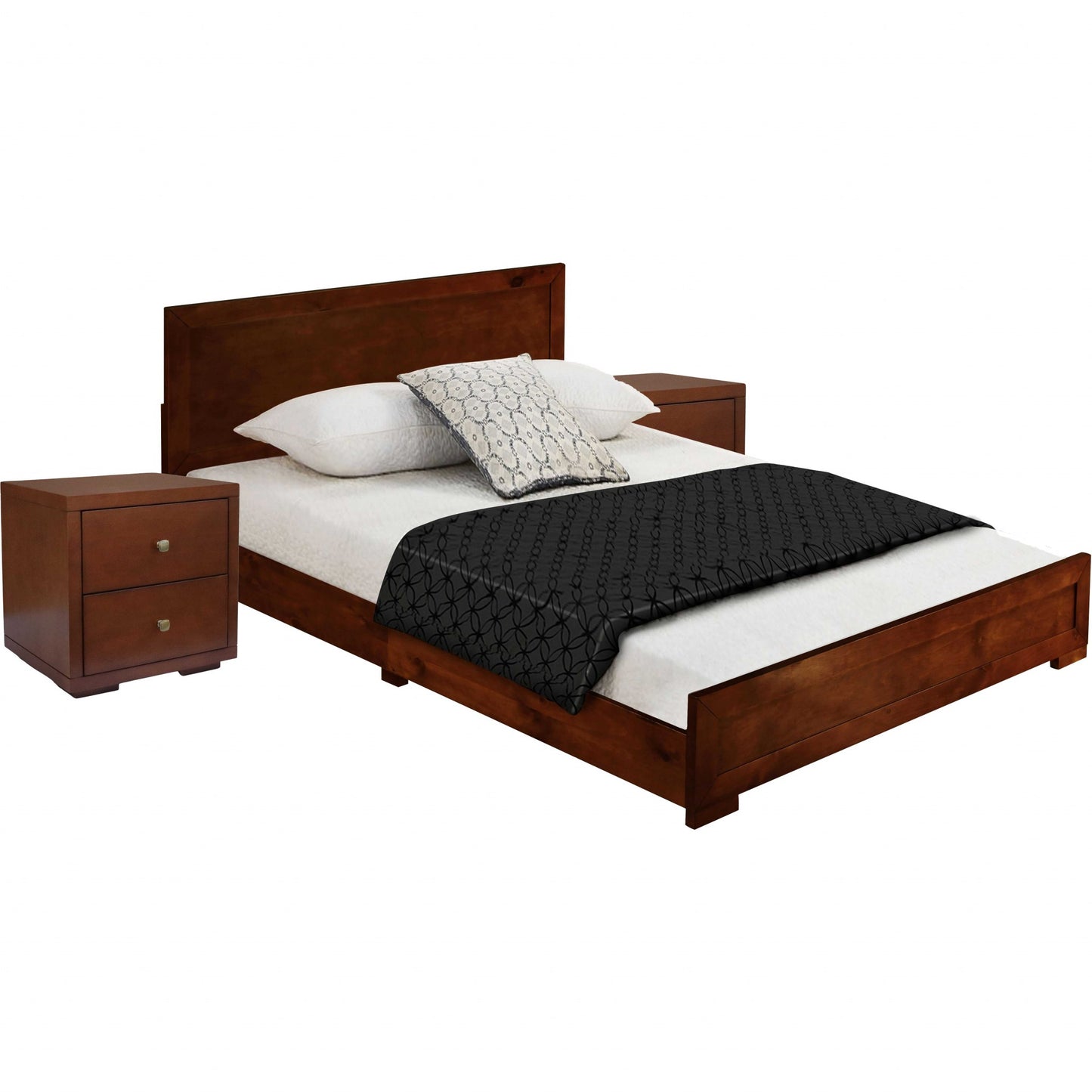 Moma Walnut Wood Platform Queen Bed With Two Nightstands By Homeroots | Beds | Modishstore - 2