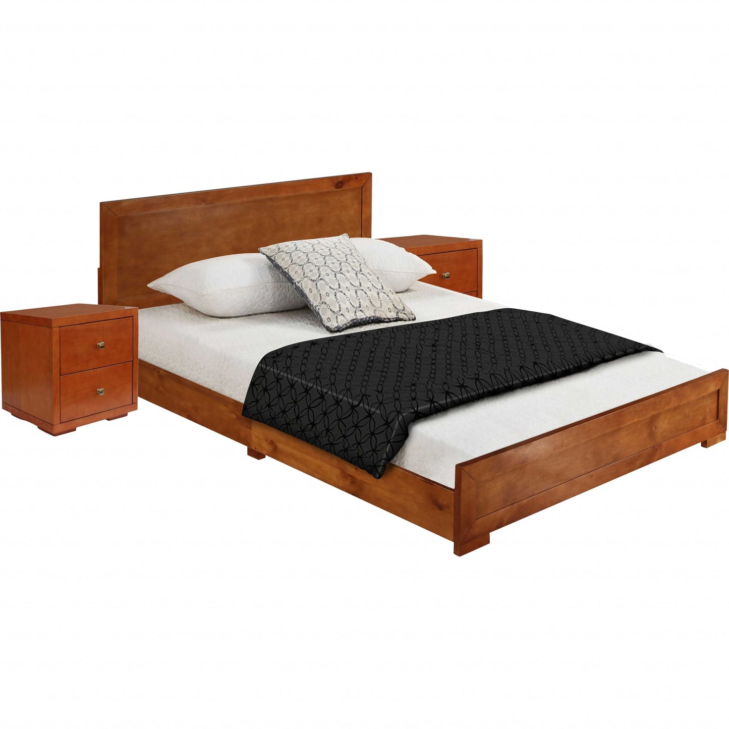 Moma Cherry Wood Platform Queen Bed With Two Nightstands By Homeroots | Beds | Modishstore - 3