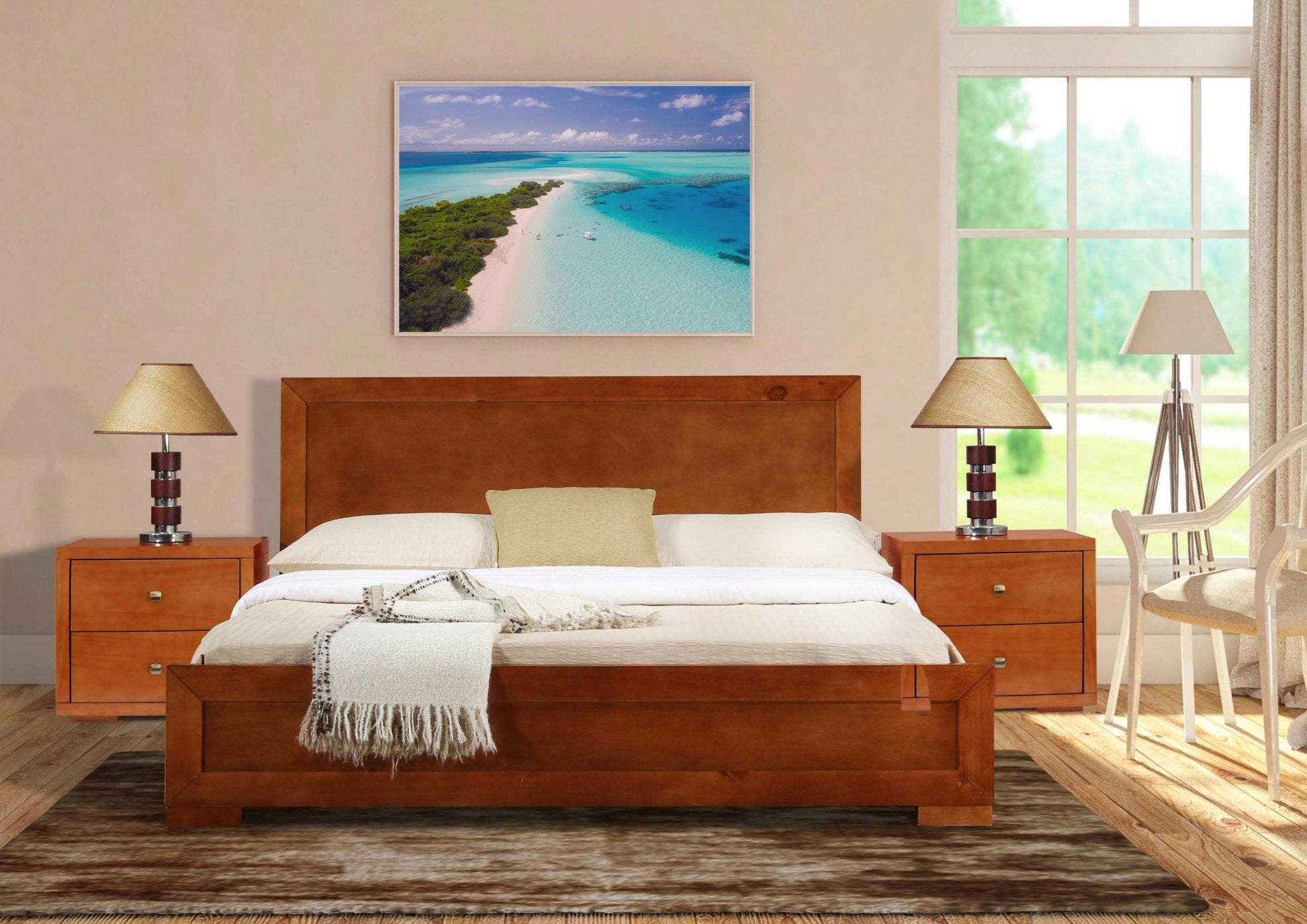 Moma Cherry Wood Platform Queen Bed With Two Nightstands By Homeroots | Beds | Modishstore