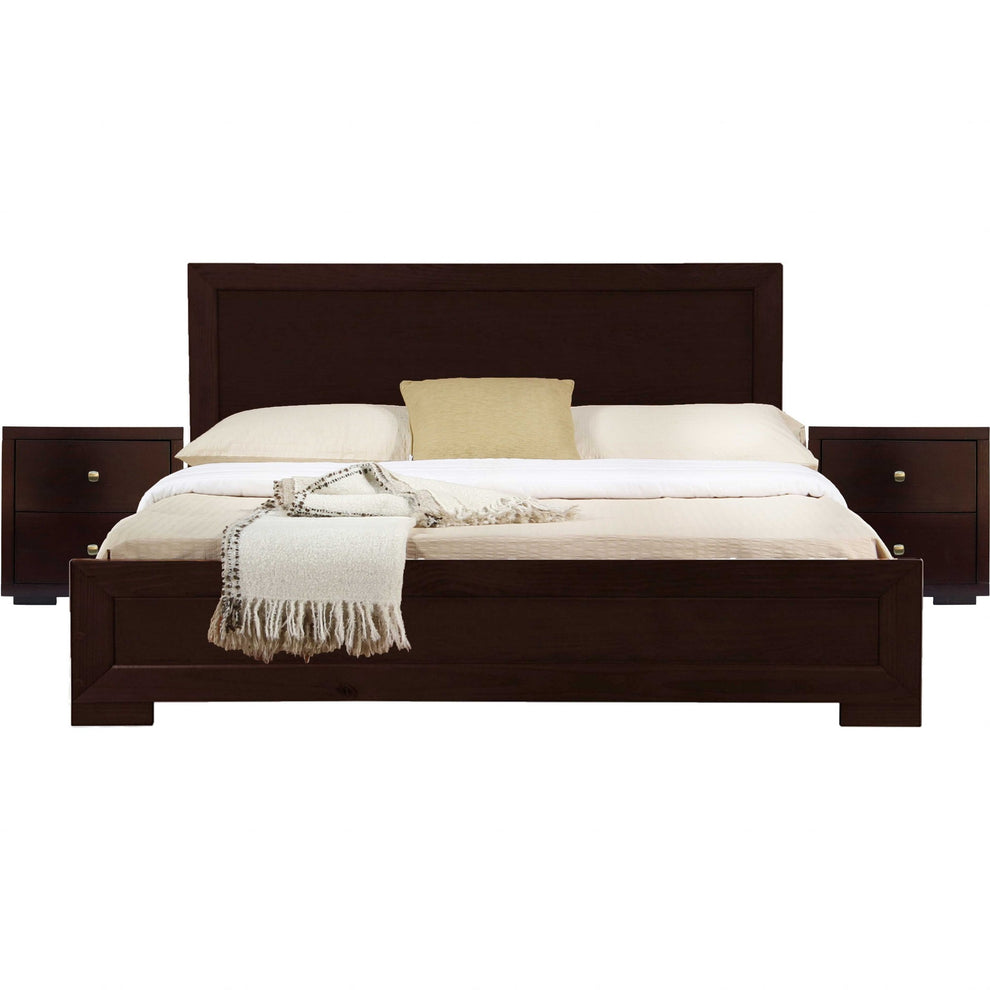 Moma Espresso Wood Platform Queen Bed With Two Nightstands By Homeroots | Beds | Modishstore - 2