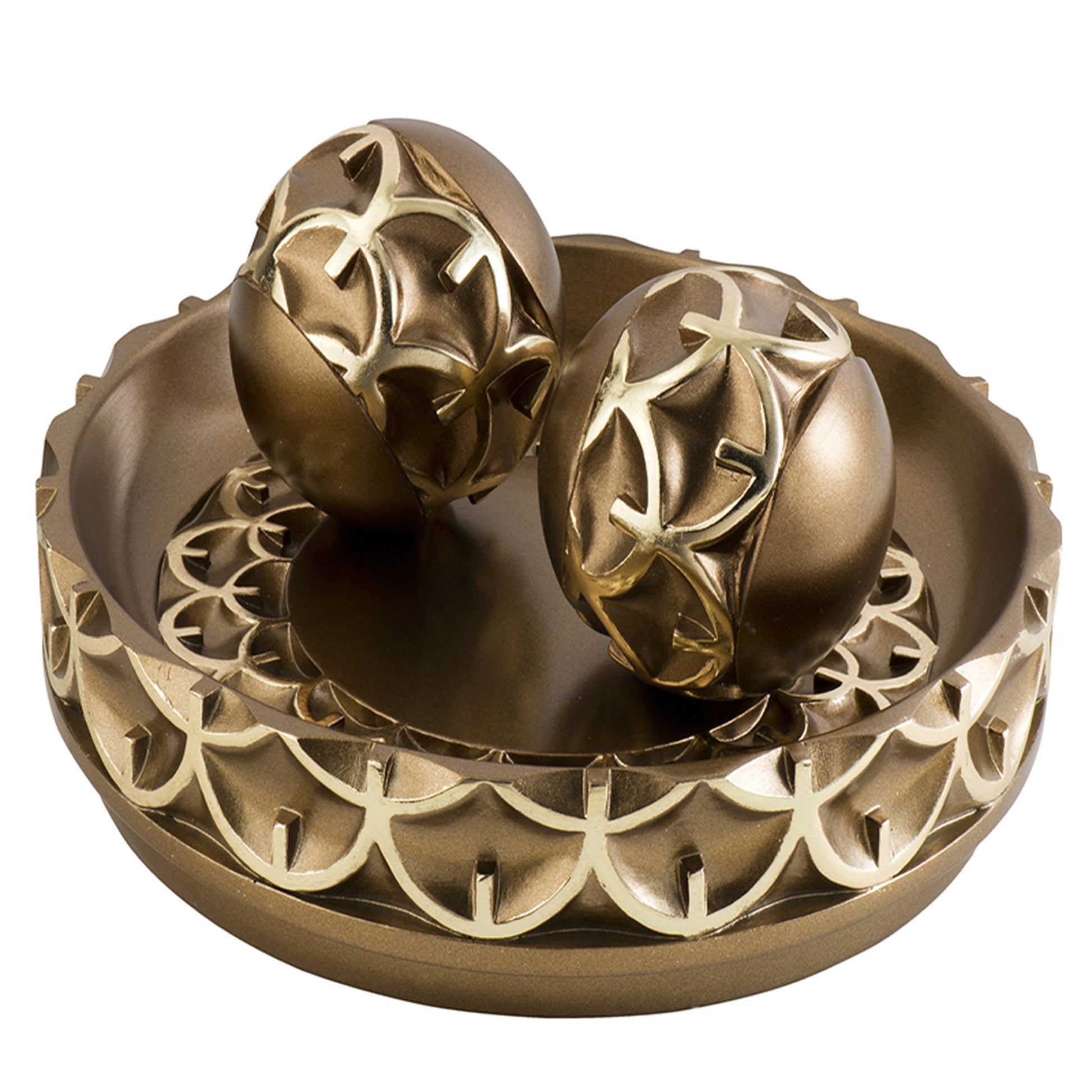 12" Rustic Gold Polyresin Decorative Bowl with Orbs Sculpture By Homeroots | Sculptures | Modishstore