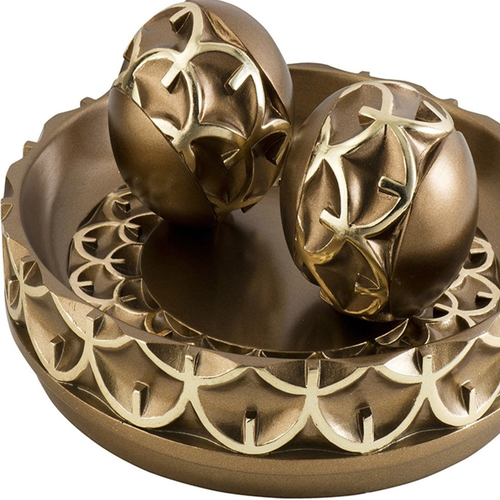 12" Rustic Gold Polyresin Decorative Bowl with Orbs Sculpture By Homeroots | Sculptures | Modishstore - 3