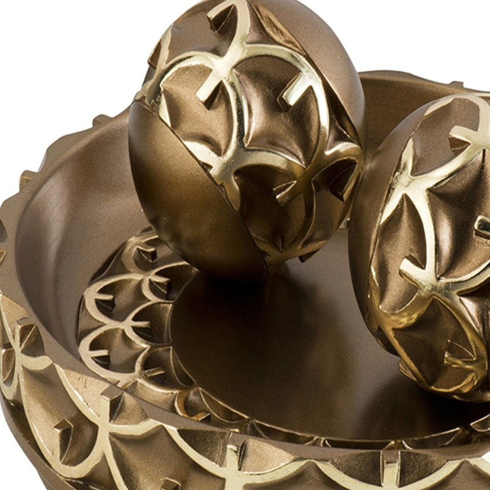 12" Rustic Gold Polyresin Decorative Bowl with Orbs Sculpture By Homeroots | Sculptures | Modishstore - 4