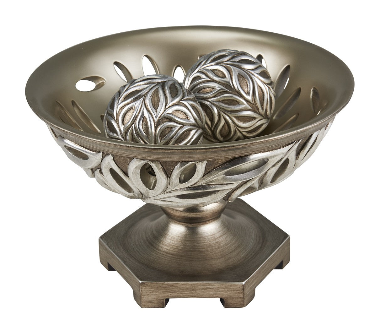 13" Brushed Silver Leaf Polyresin Decorative Pedestal Bowl with Orbs By Homeroots | Sculptures | Modishstore