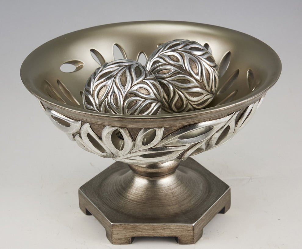 13" Brushed Silver Leaf Polyresin Decorative Pedestal Bowl with Orbs By Homeroots | Sculptures | Modishstore - 2