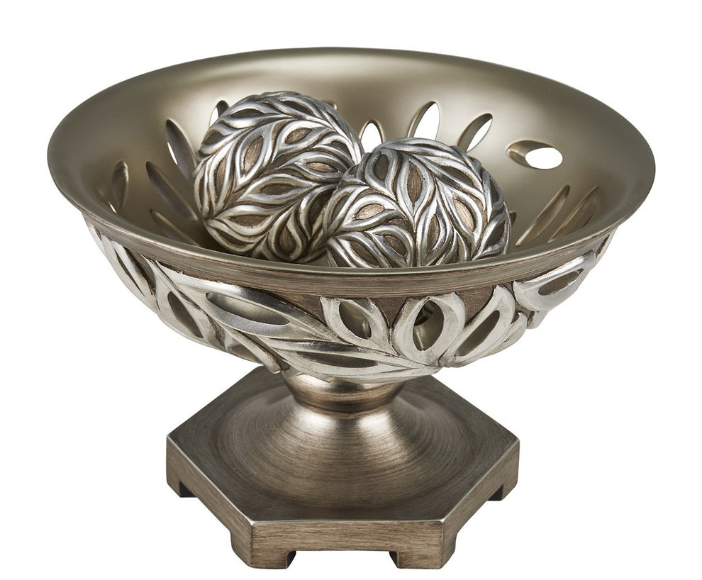 13" Brushed Silver Leaf Polyresin Decorative Pedestal Bowl with Orbs By Homeroots | Sculptures | Modishstore - 3