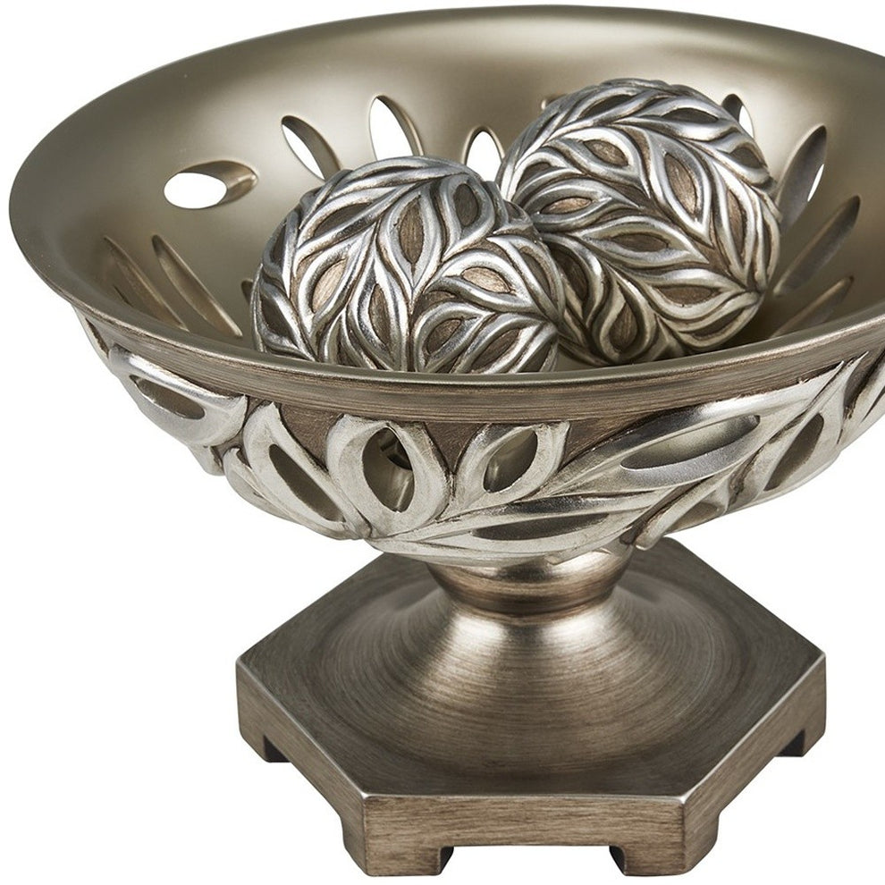 13" Brushed Silver Leaf Polyresin Decorative Pedestal Bowl with Orbs By Homeroots | Sculptures | Modishstore - 4