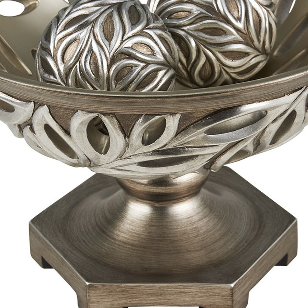 13" Brushed Silver Leaf Polyresin Decorative Pedestal Bowl with Orbs By Homeroots | Sculptures | Modishstore - 5
