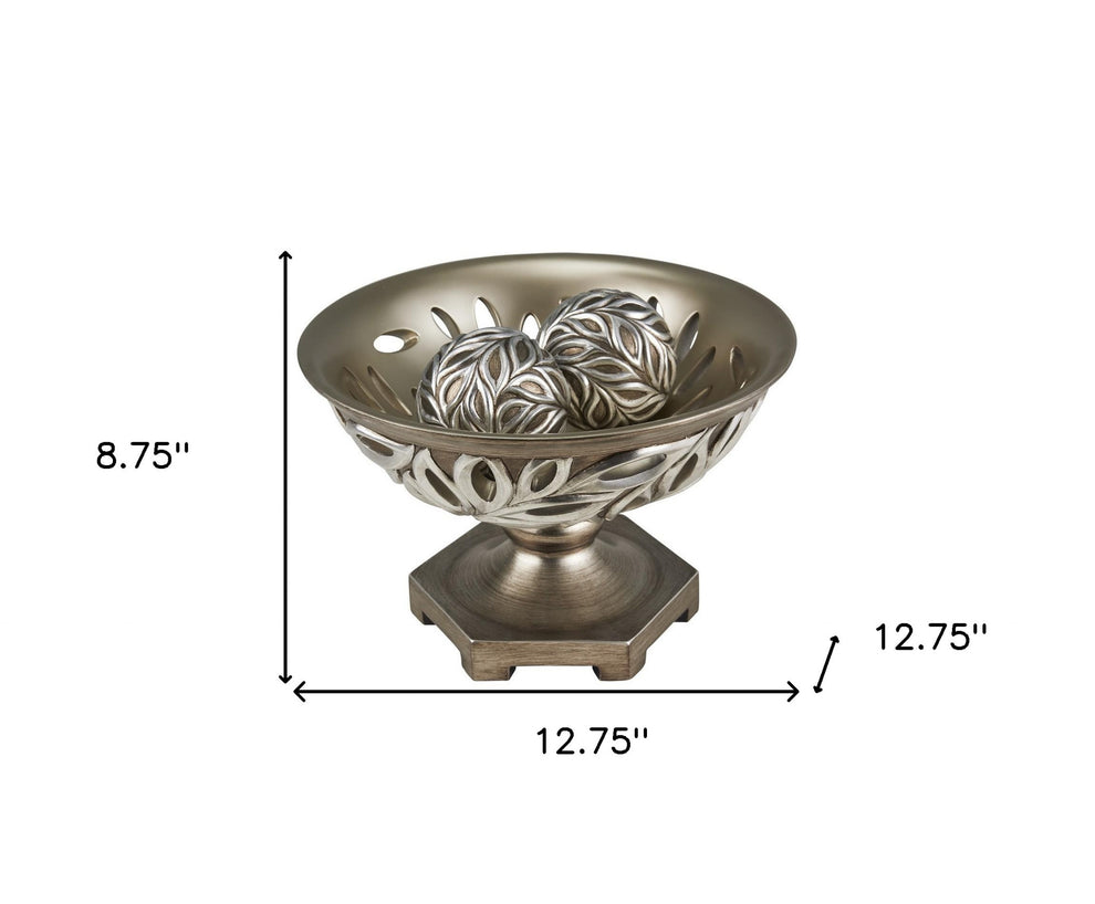13" Brushed Silver Leaf Polyresin Decorative Pedestal Bowl with Orbs By Homeroots | Sculptures | Modishstore - 6