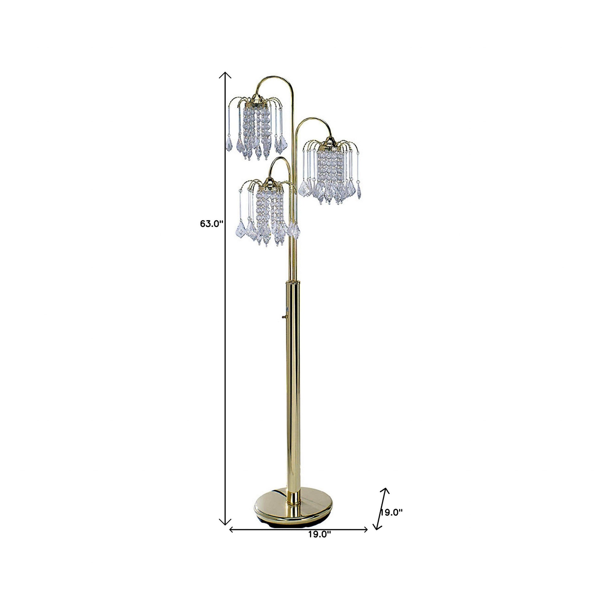 63" Gold Three Lights Candelabra Floor Lamp With Clear Faux Crystal Shades By Homeroots | Floor Lamps | Modishstore - 5
