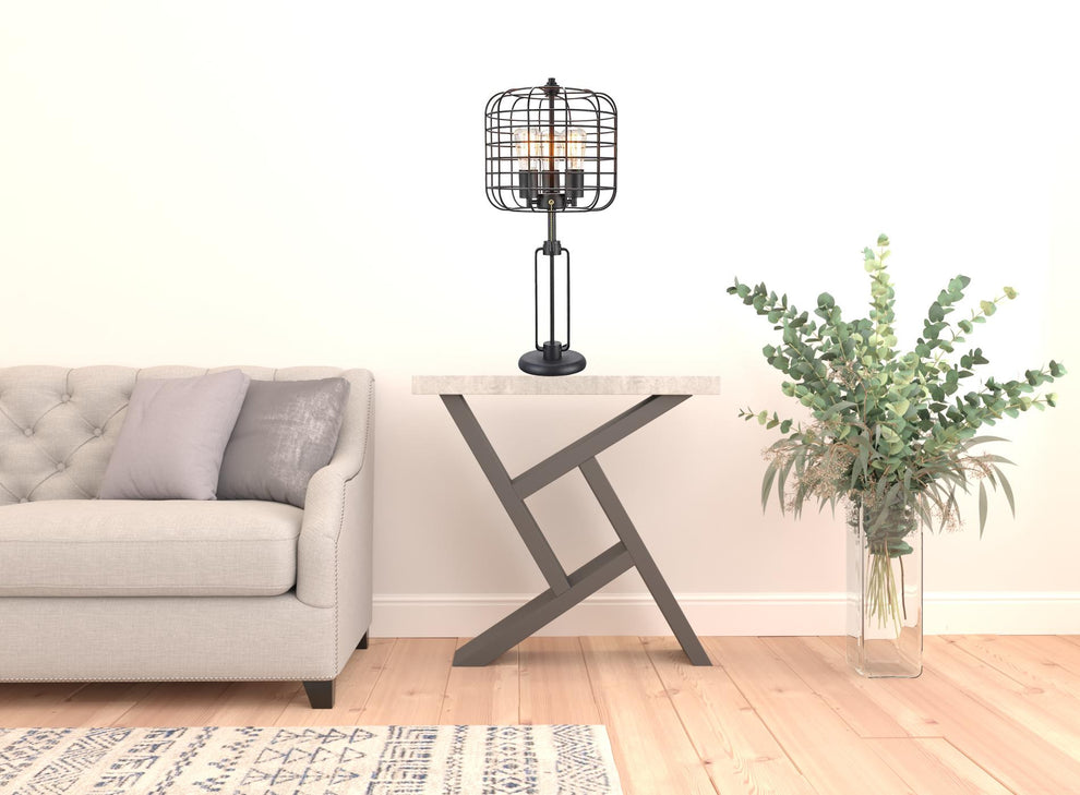 27" Black Metal Industrial Cage Design Three Light Table Lamp By Homeroots | Table Lamps | Modishstore - 7
