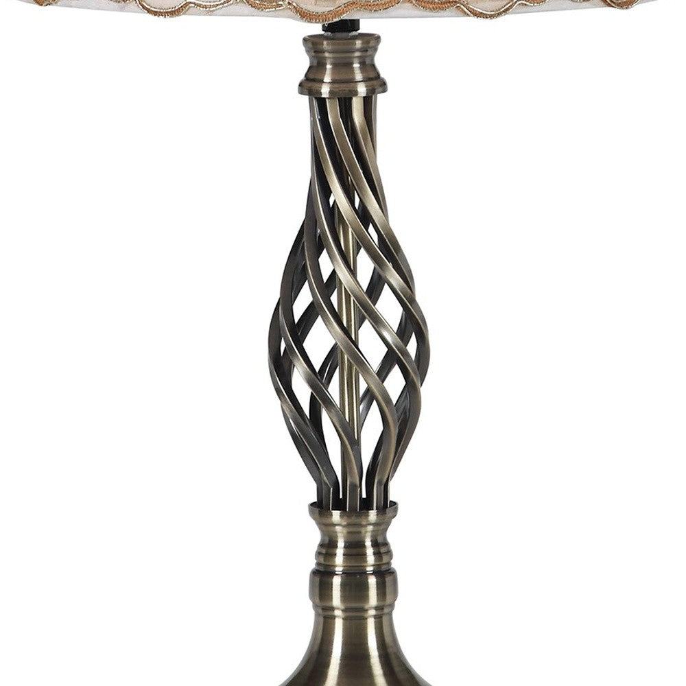 23" Antiqued Brass Metal Table Lamp With White And Brown Classic Empire Shade By Homeroots | Table Lamps | Modishstore - 5