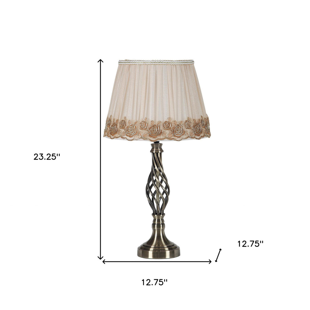 23" Antiqued Brass Metal Table Lamp With White And Brown Classic Empire Shade By Homeroots | Table Lamps | Modishstore - 7