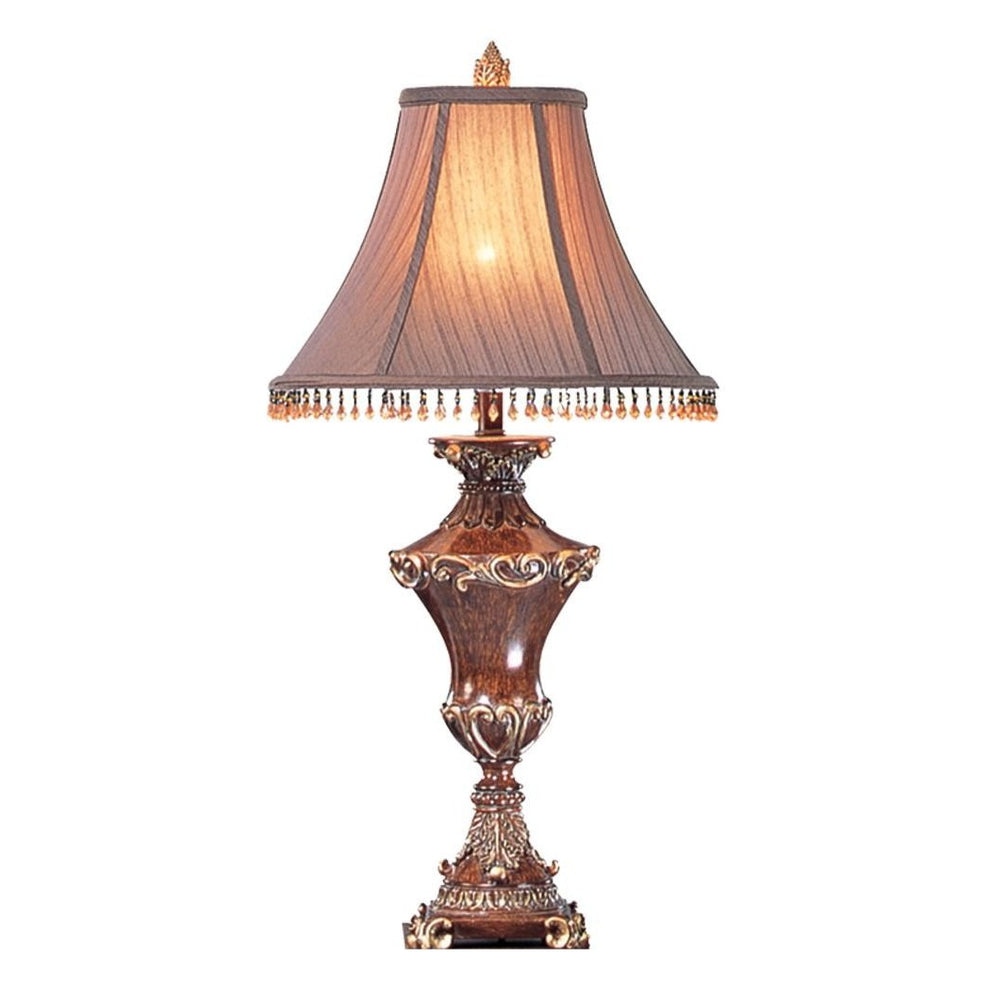 32" Bronze Urn Table Lamp With Brown Bell Shade and Hanging Beads By Homeroots | Table Lamps | Modishstore - 3
