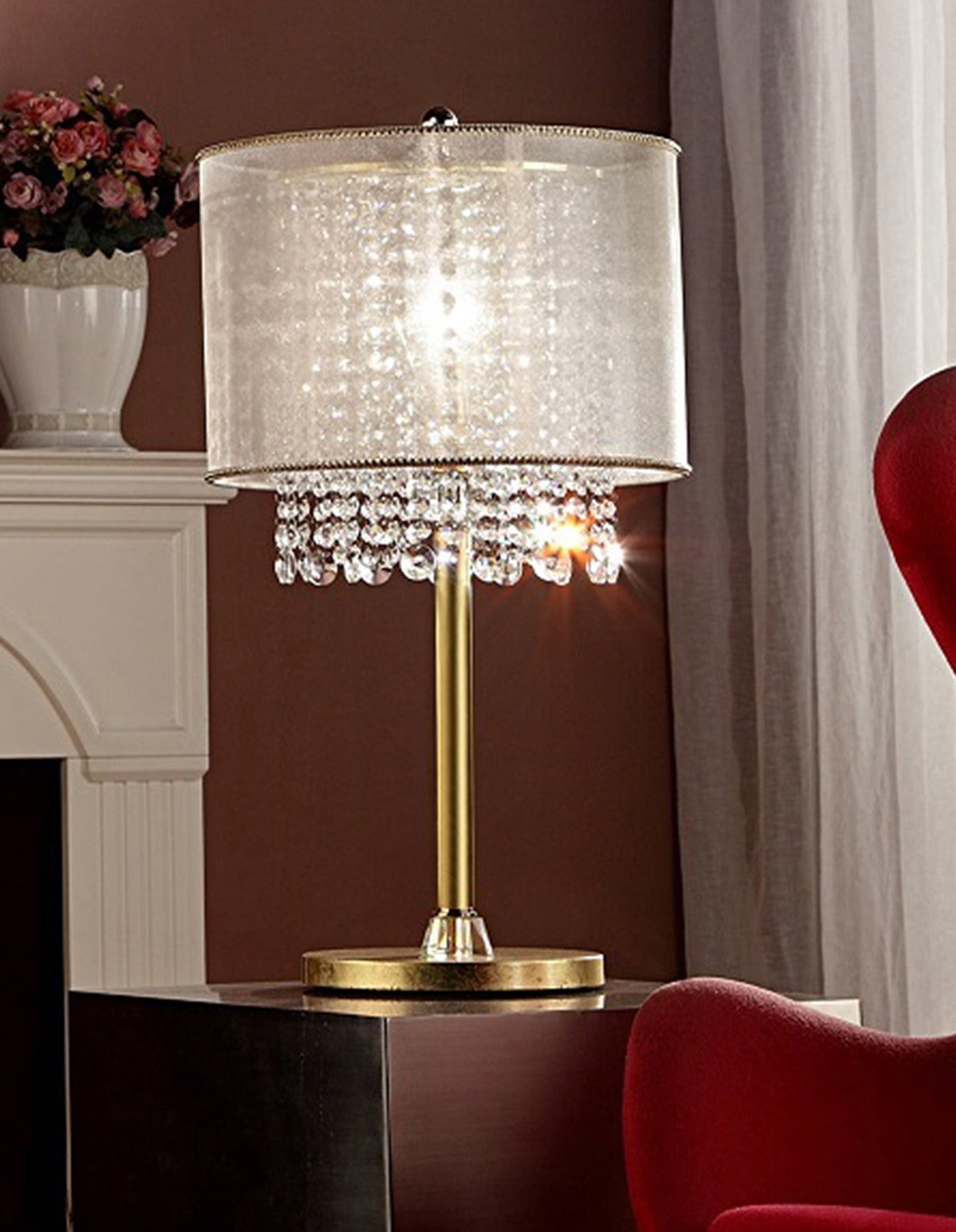 Primo Gold Finish Table Lamp with Crystal Accents and White Shade By Homeroots | Table Lamps | Modishstore