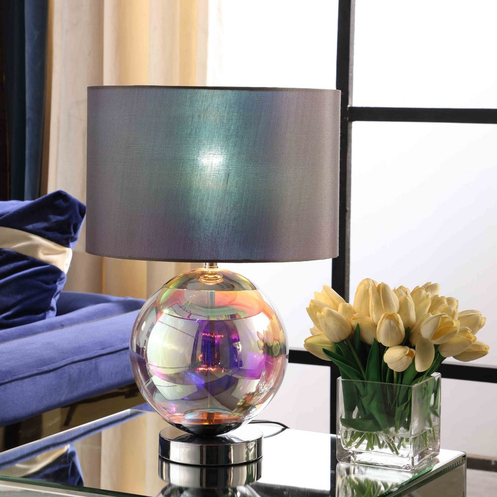 19" Iridescent Glass Globe Table Lamp With Gray Classic Drum Shade By Homeroots | Table Lamps | Modishstore - 2