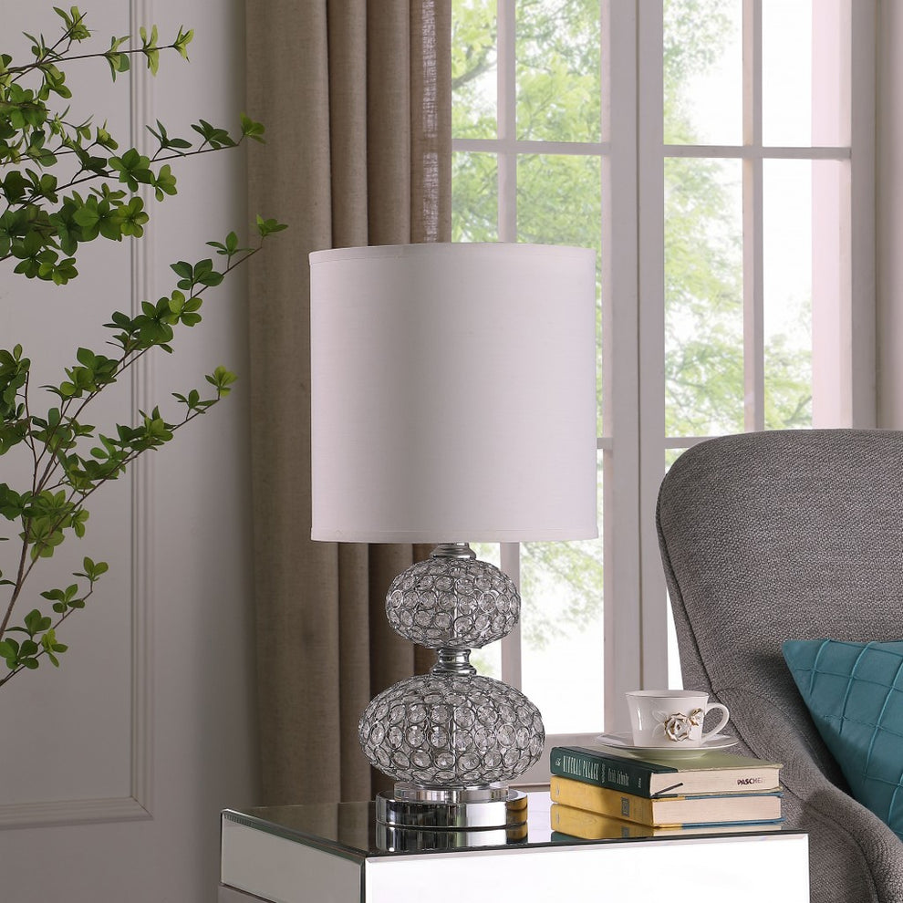 24" Chrome and Faux Crystal Double Orb Table Lamp With White Classic Drum Shade By Homeroots | Table Lamps | Modishstore - 2