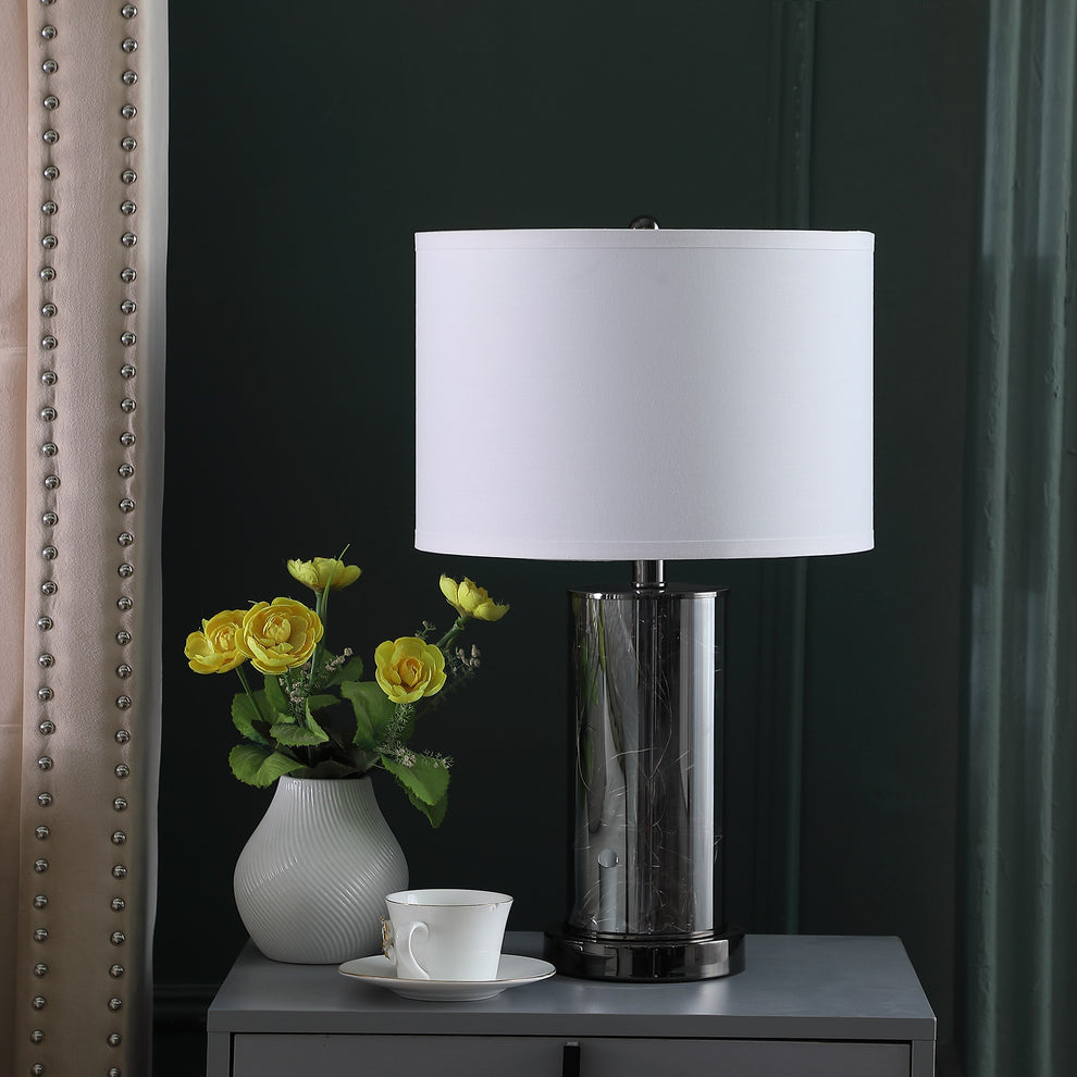21" Glass LED Cylinder Table Lamp with Nightlight and White Drum Shade By Homeroots | Table Lamps | Modishstore - 4