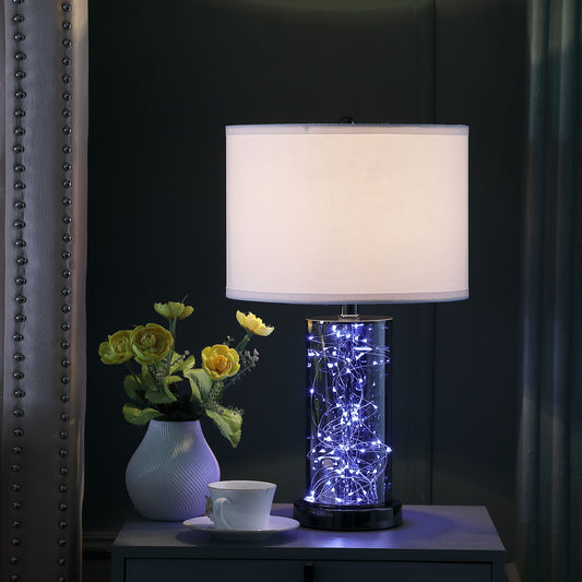 21" Glass LED Cylinder Table Lamp with Nightlight and White Drum Shade By Homeroots | Table Lamps | Modishstore