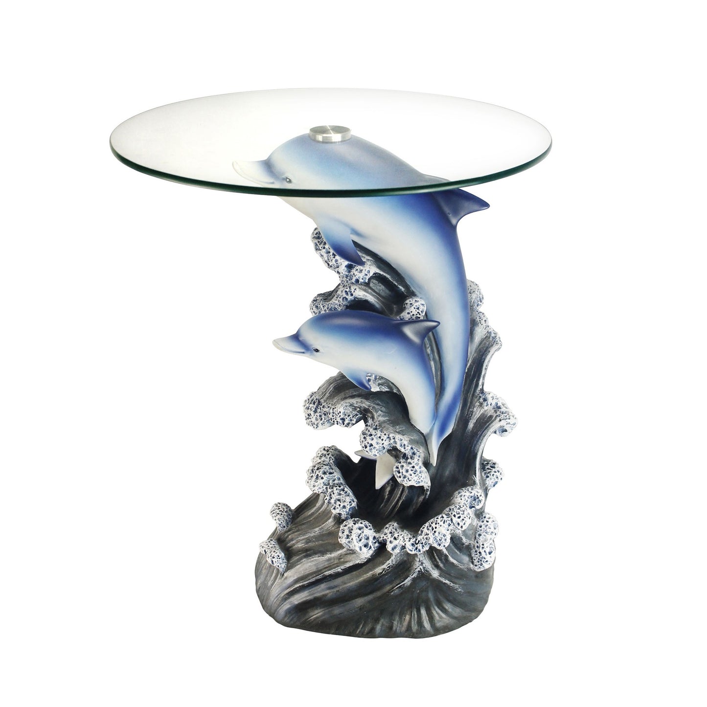 24" Blue And Clear Glass Polyresin Dolphins Round End Table By Homeroots