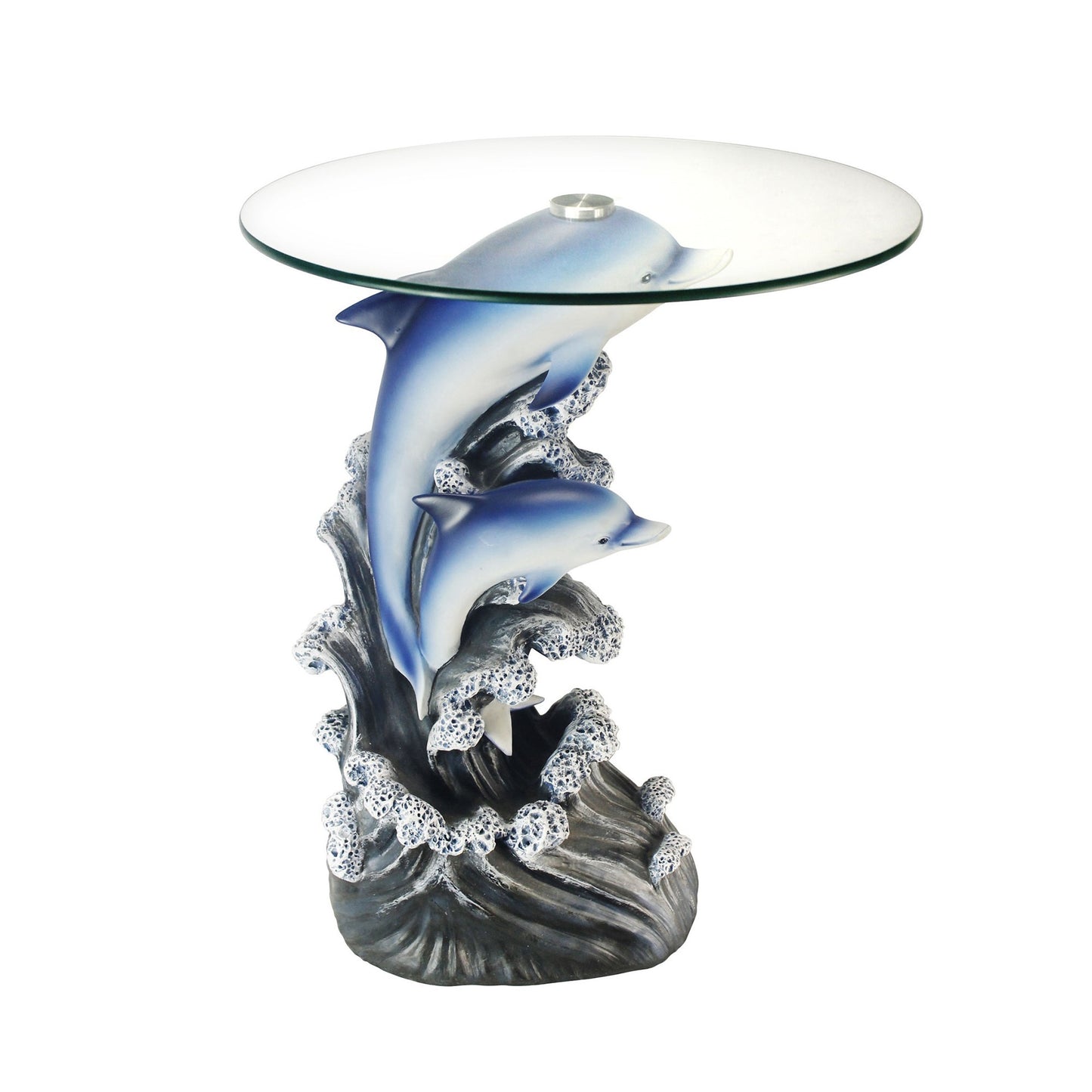 24" Blue And Clear Glass Polyresin Dolphins Round End Table By Homeroots