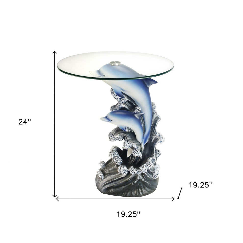 24" Blue And Clear Glass Polyresin Dolphins Round End Table By Homeroots | End Tables | Modishstore - 6