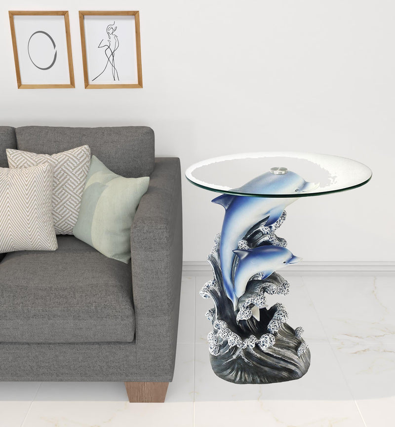 24" Blue And Clear Glass Polyresin Dolphins Round End Table By Homeroots | End Tables | Modishstore