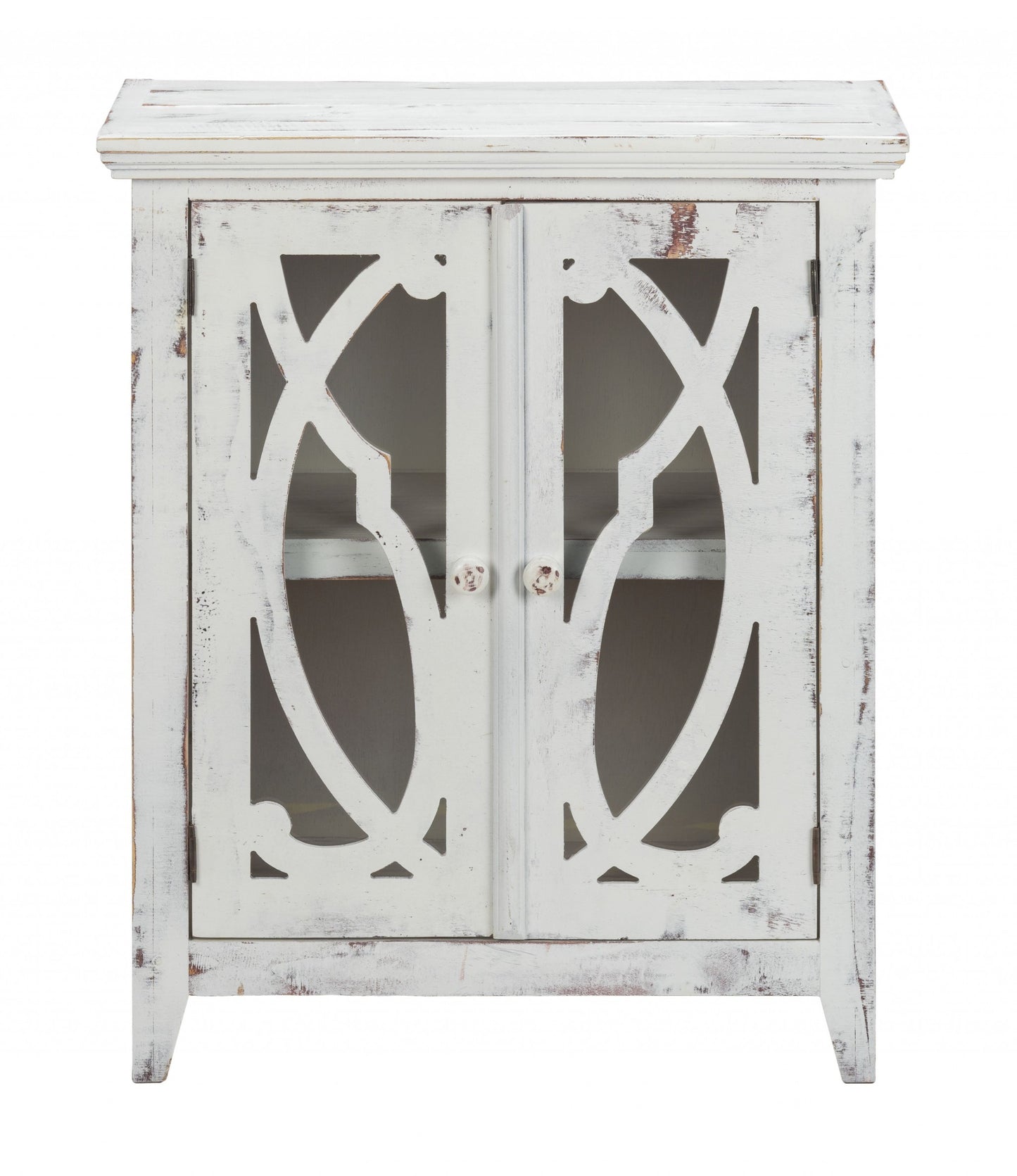 Rustic White Wood And Glass Scrollwork Accent Cabinet By Homeroots | Cabinets | Modishstore
